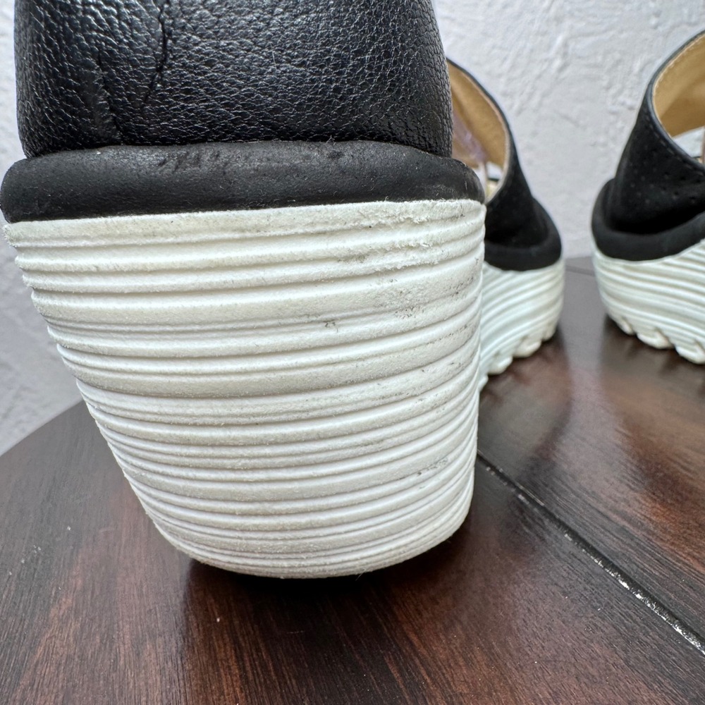 Fly London Yake Women's Size 38 (US sz 7) Perforated Leather Wedge Sandals Black - Picture 5 of 11